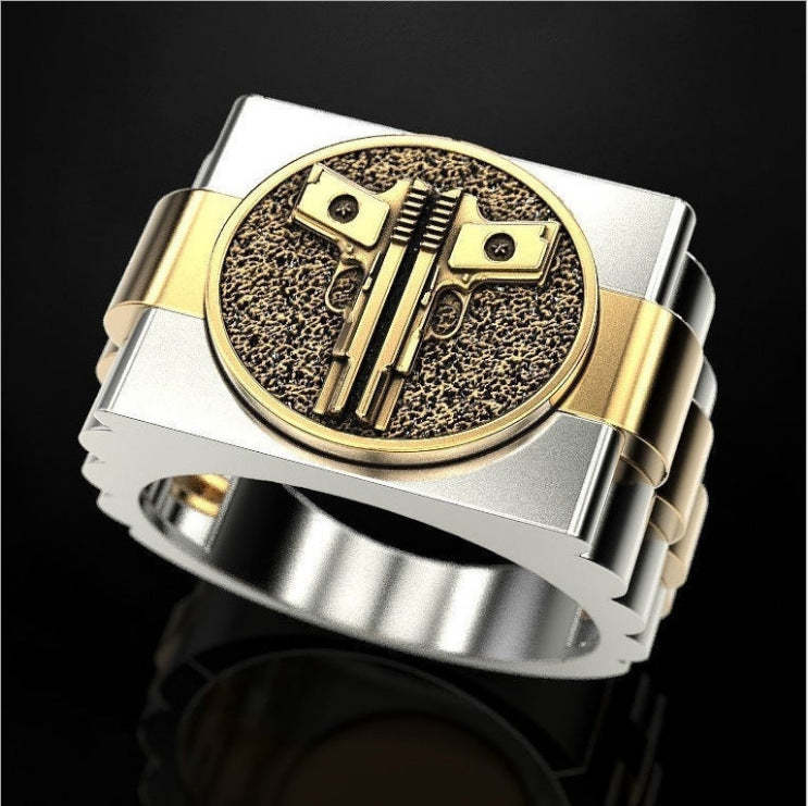 Double Pistol Carved Two Color 18k White & Vermeil Gold Plated Elegant