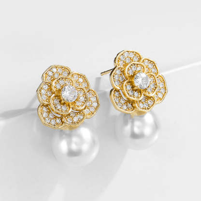 Rose Flower Earrings Gold Plated Pearl Moissanite Earrings Mix Mix Style [Hot Seller]-Mix MIx Style