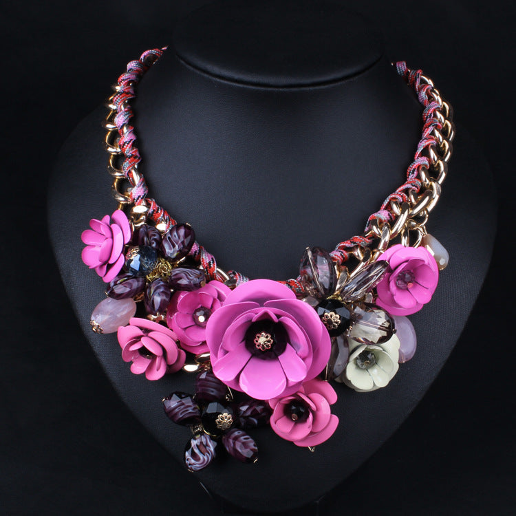 Pink Embellished Big Flowers Retro Pendants Diamonds Colorful Luxury 18k Gold Plated Necklace Jewelry | Mix Mix Style-Mix MIx Style