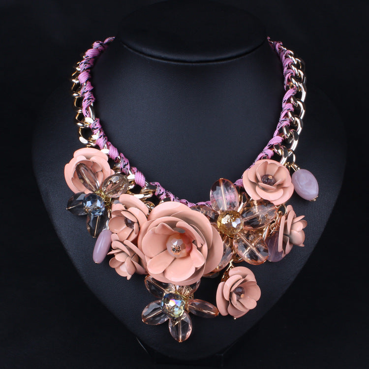 Pink Embellished Big Flowers Retro Pendants Diamonds Colorful Luxury 18k Gold Plated Necklace Jewelry | Mix Mix Style-Mix MIx Style