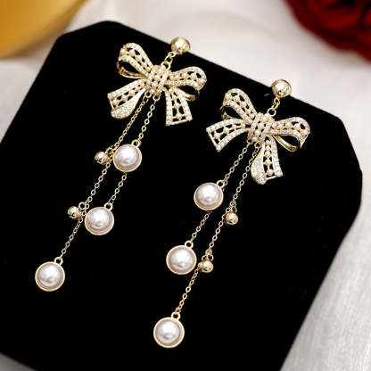 European and American earrings heavy French retro Baroque pearl silver needle earrings bow long tassel earrings for women-Mix MIx Style