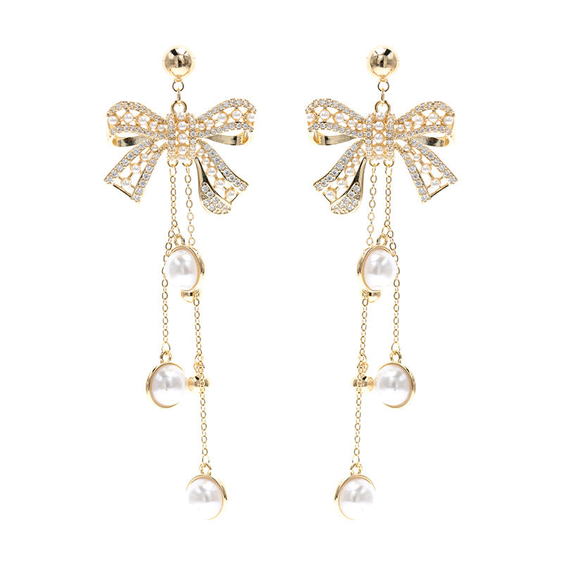 European and American earrings heavy French retro Baroque pearl silver needle earrings bow long tassel earrings for women-Mix MIx Style