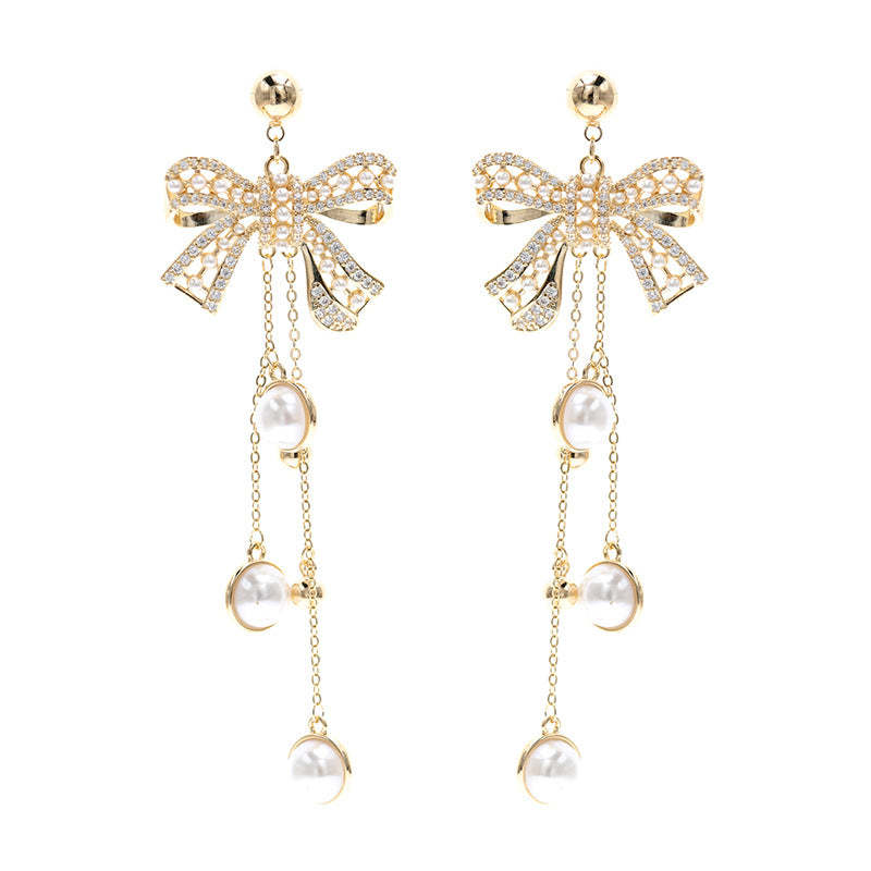 European and American earrings heavy French retro Baroque pearl silver needle earrings bow long tassel earrings for women-Mix MIx Style