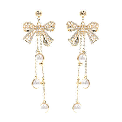 European and American earrings heavy French retro Baroque pearl silver needle earrings bow long tassel earrings for women-Mix MIx Style