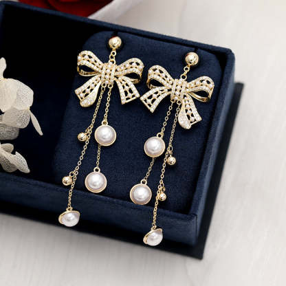 European and American earrings heavy French retro Baroque pearl silver needle earrings bow long tassel earrings for women-Mix MIx Style