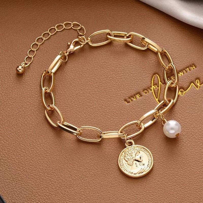 Chain 18k Gold Plated whit Pendant Akoyaa Pearl Bracelet | Mix Mix Style [Hot Seller]-Mix MIx Style