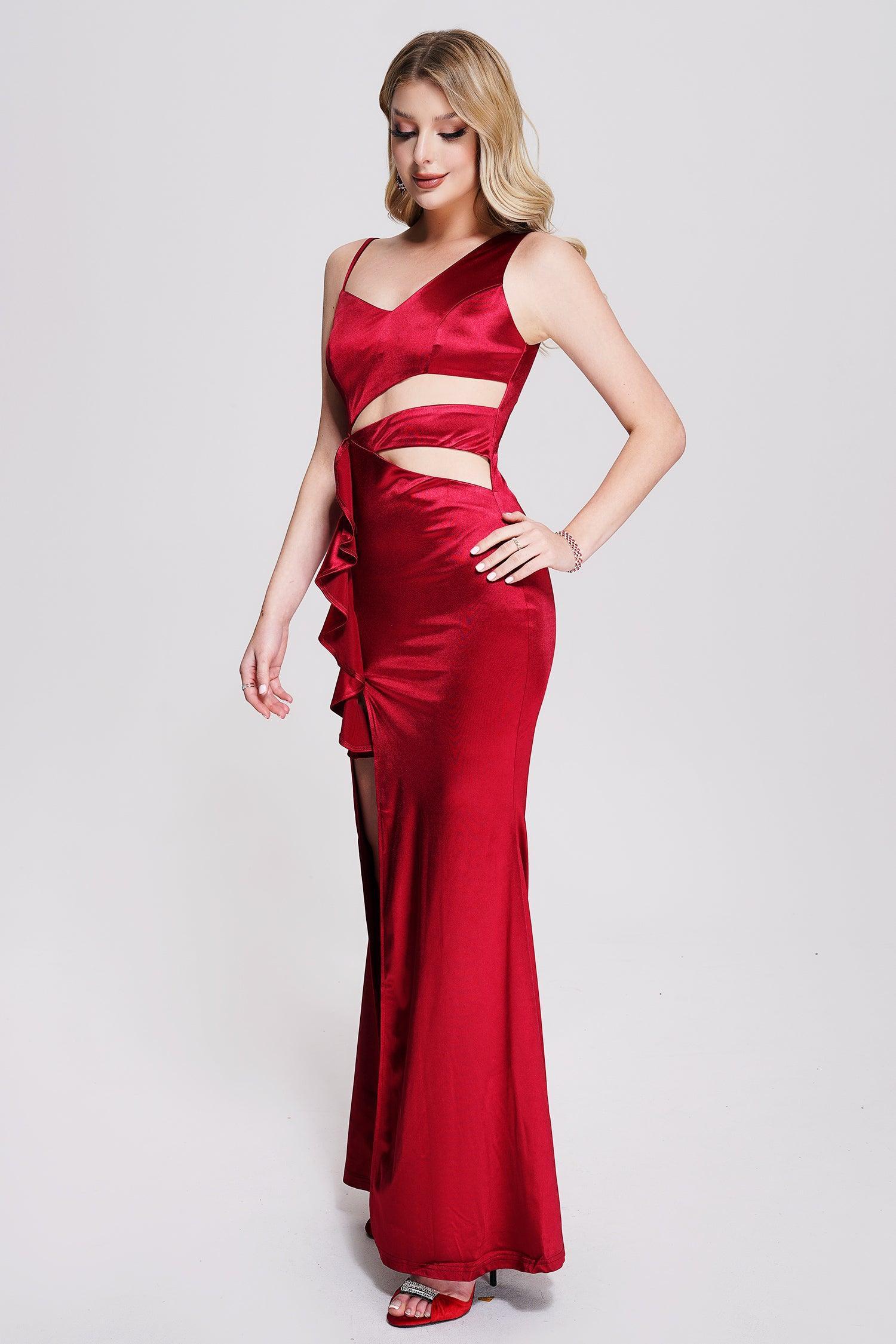 Zore Satin Cutout Maxi Dress in Red-Mix MIx Style