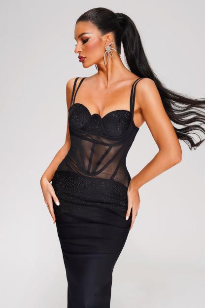 Crystallised Corset Midi Bandage Dress in Black | Mix Mix Style [Hot Seller]-Mix MIx Style