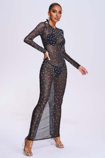 Black Crystallised Mesh Long Maxi Dress Beach Cover-up | Mix Mix Style-Mix MIx Style