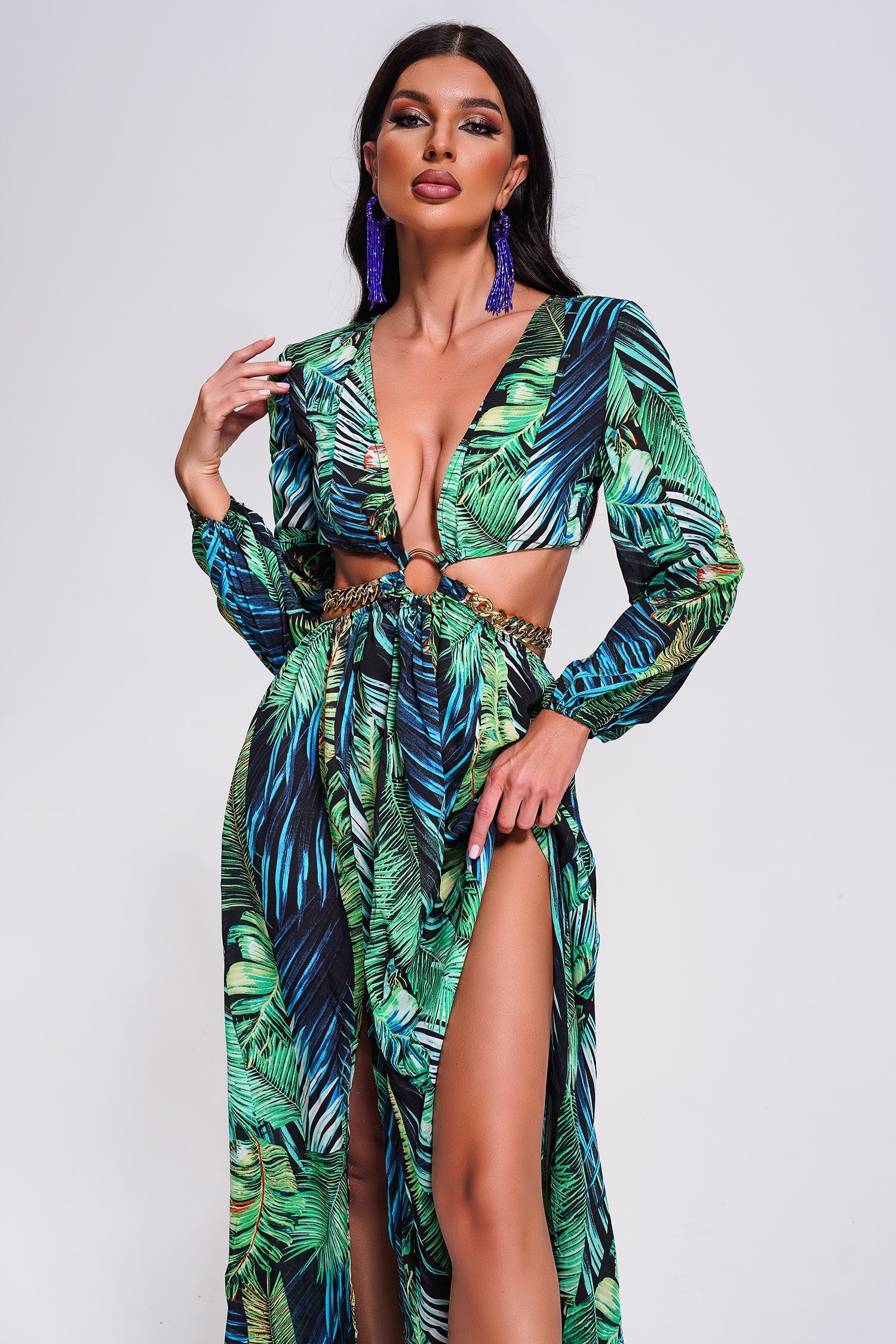 Printed Cutout Slit Maxi Dress-Mix MIx Style