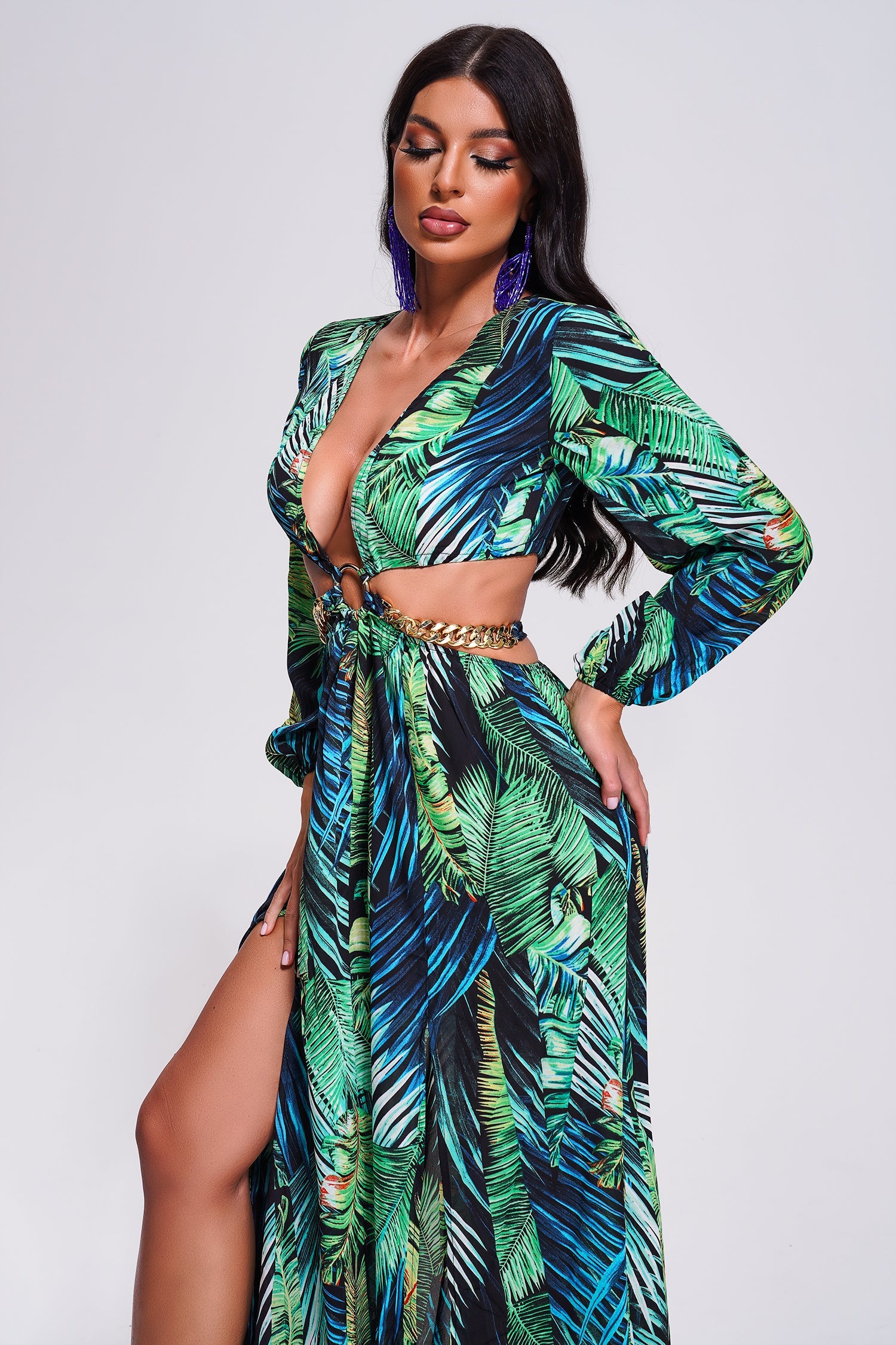 Printed Cutout Slit Maxi Dress-Mix MIx Style