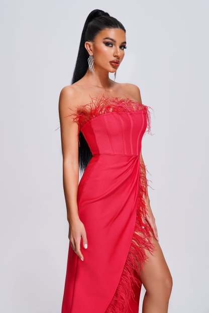 Pink Strapless Feather Midi Bandage Dress | Mix Mix Style [Hot Seller]-Mix MIx Style