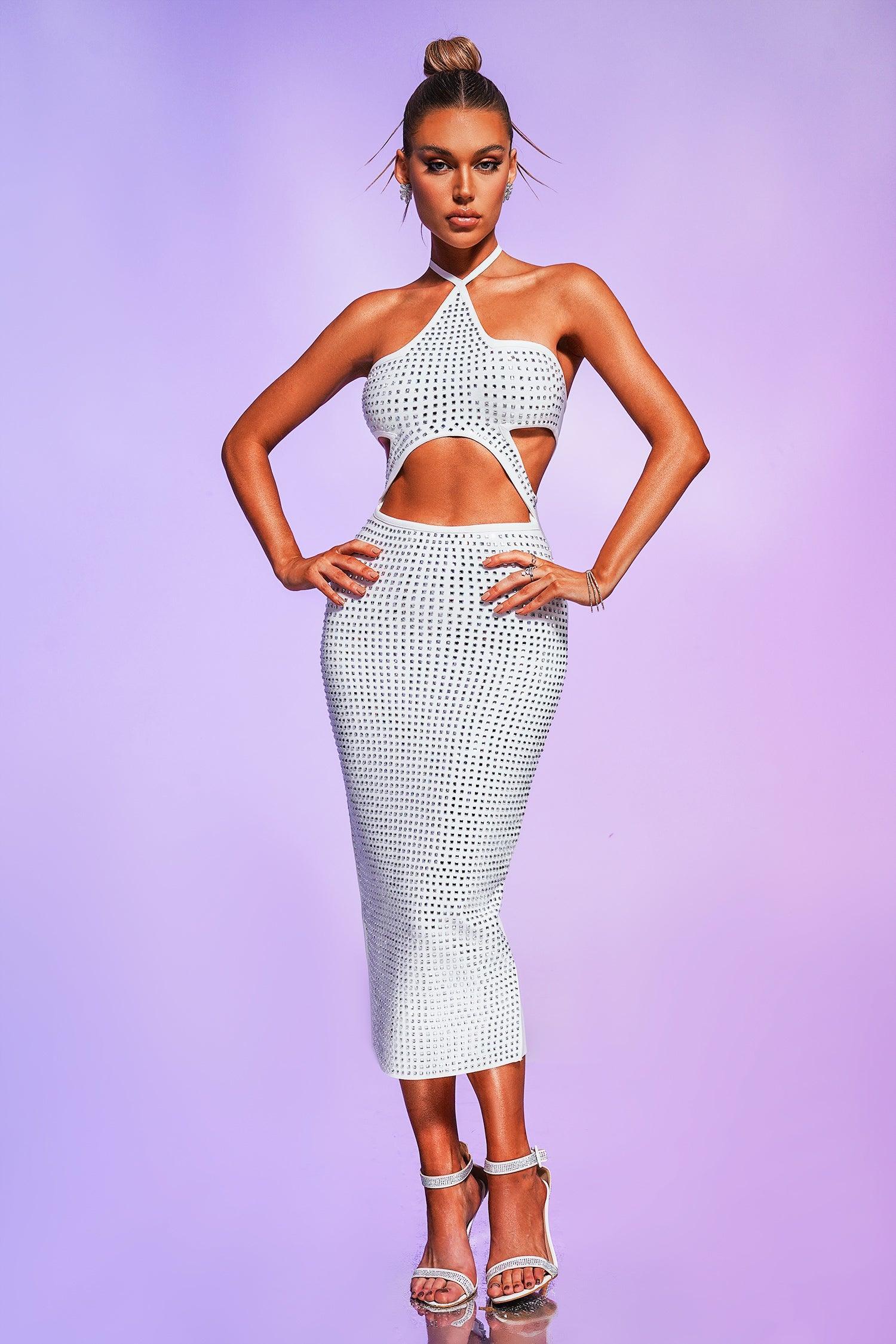 White Crystallised Midi Bandage Dress | Mix Mix Style-Mix MIx Style