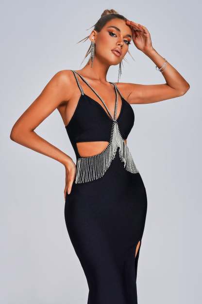 Black Rhinestone Slit Maxi Bandage Dress | Mix Mix Style [Hot Seller]-Mix MIx Style