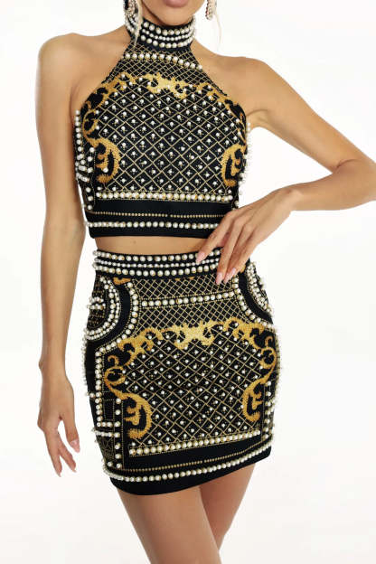 Black & Gold Pearl Sleeveless backless  high collar cocktail top & mini skirt Set | Mix Mix Style