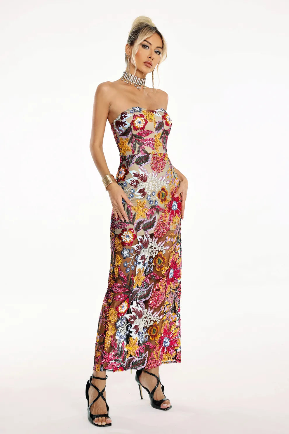 Multicolor Strapless Backless Floral Embellished Diamonate Tube Summer Maxi Dress | Mix Mix Style