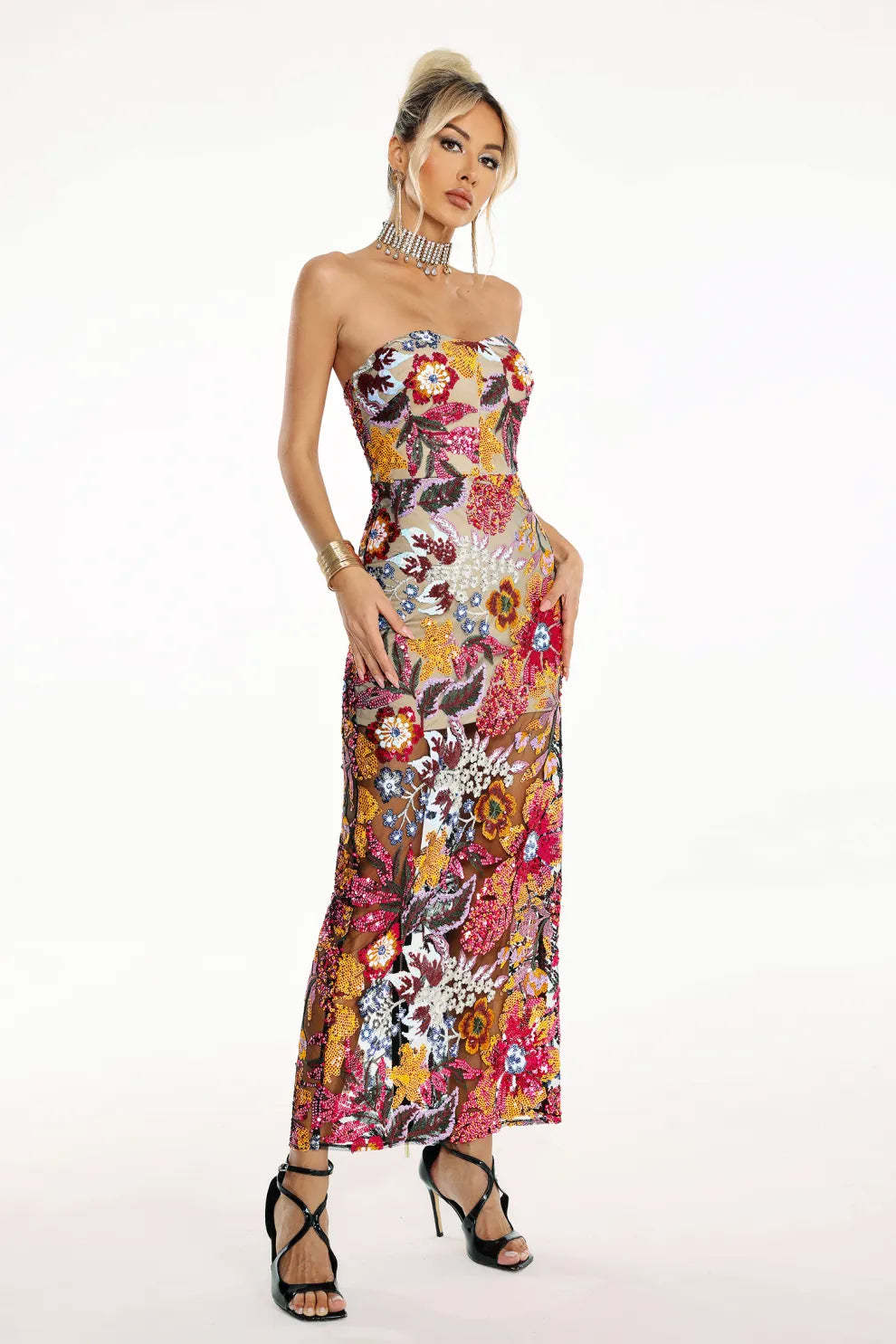 Multicolor Strapless Backless Floral Embellished Diamonate Tube Summer Maxi Dress | Mix Mix Style-Mix MIx Style