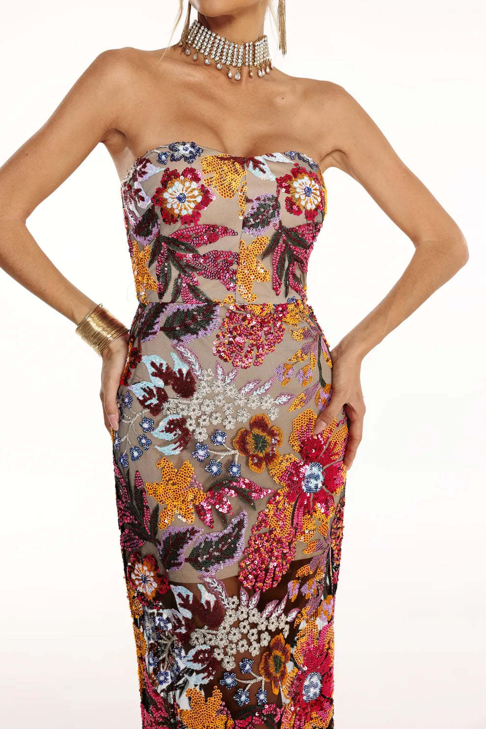 Multicolor Strapless Backless Floral Embellished Diamonate Tube Summer Maxi Dress | Mix Mix Style