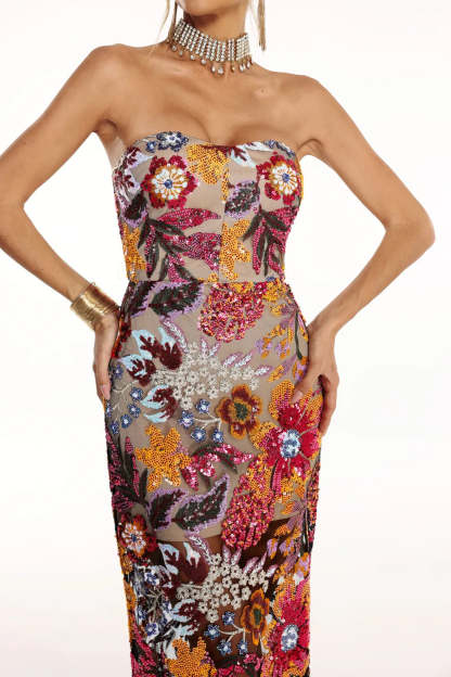 Multicolor Strapless Backless Floral Embellished Diamonate Tube Summer Maxi Dress | Mix Mix Style
