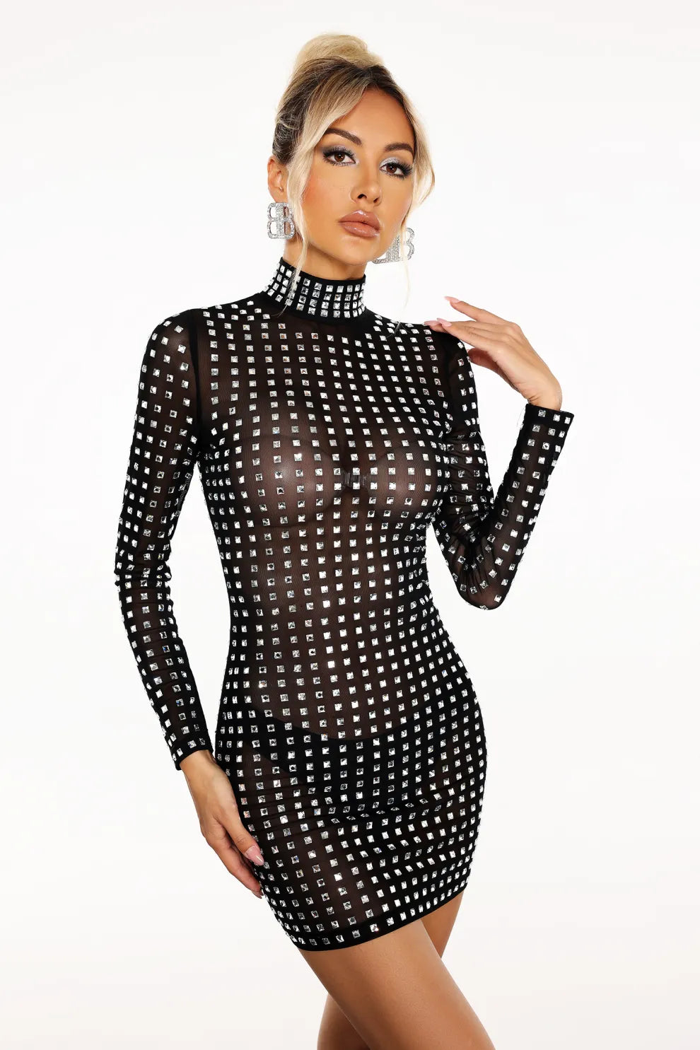 Black High collar long sleeve embellished Diamonate Mesh cocktail party Mini Dress | Mix Mix Style