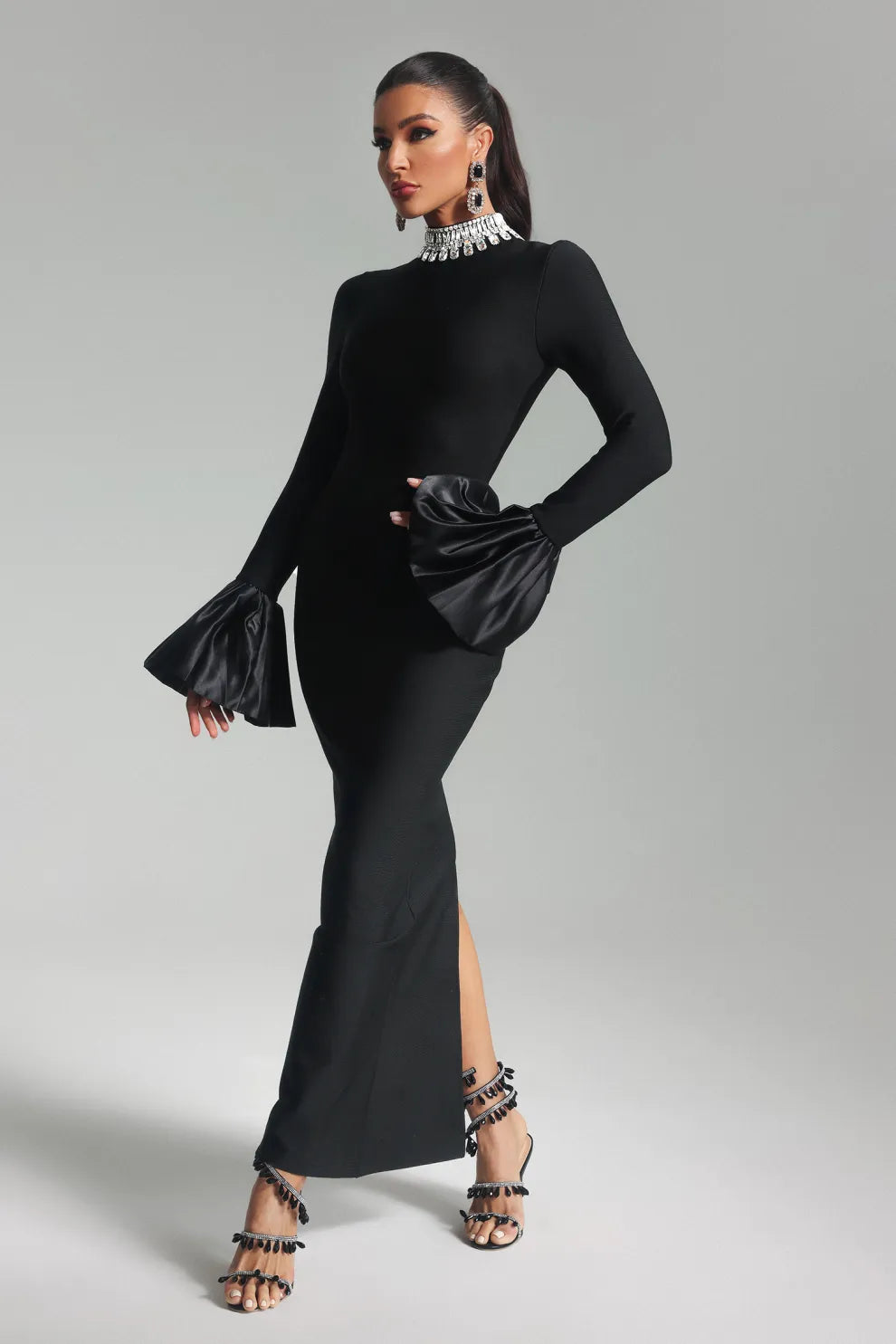 black high collar long sleeve Diamante Bandage evening party Maxi Dress | Mix Mix Style