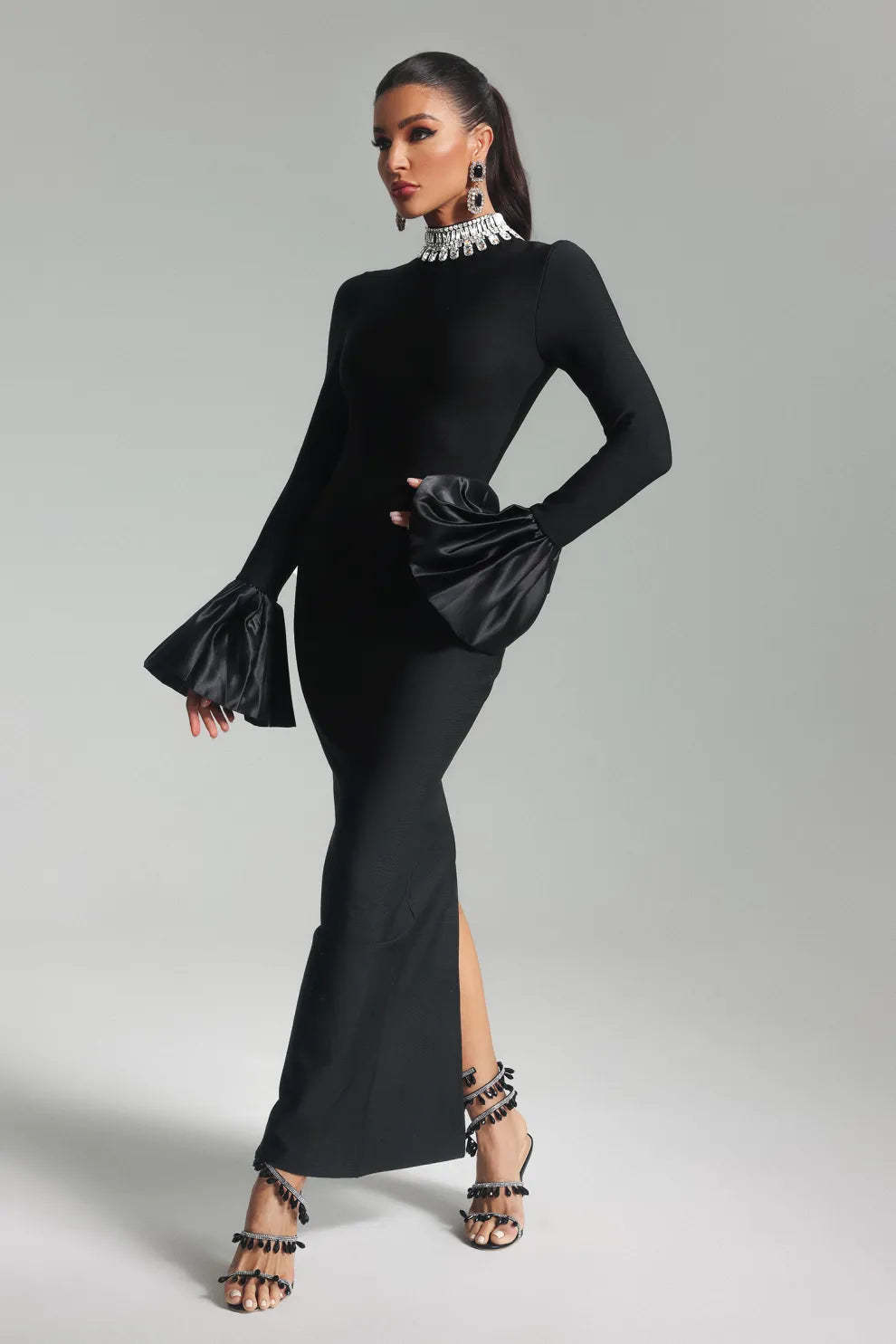 black high collar long sleeve Diamante Bandage evening party Maxi Dress | Mix Mix Style