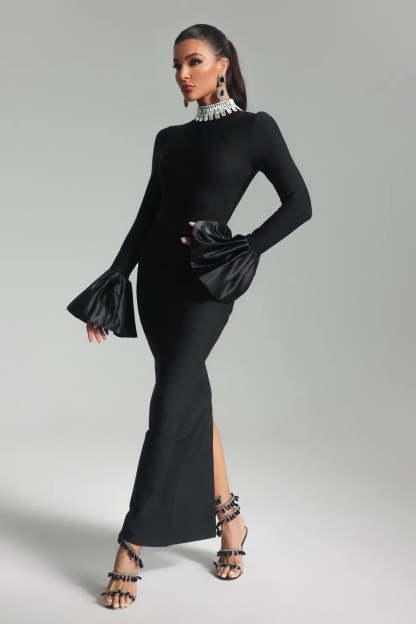 black high collar long sleeve Diamante Bandage evening party Maxi Dress | Mix Mix Style
