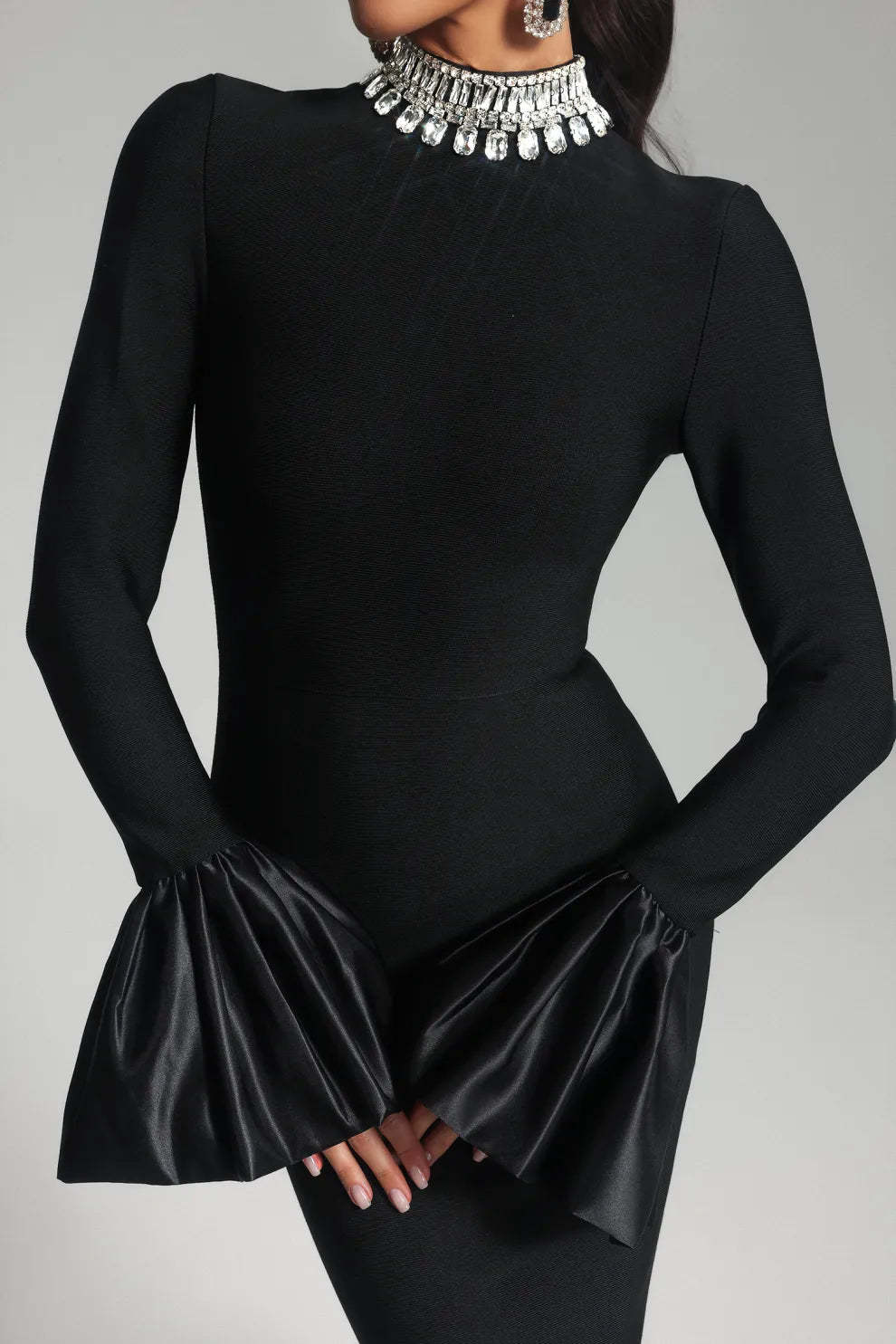 black high collar long sleeve Diamante Bandage evening party Maxi Dress | Mix Mix Style