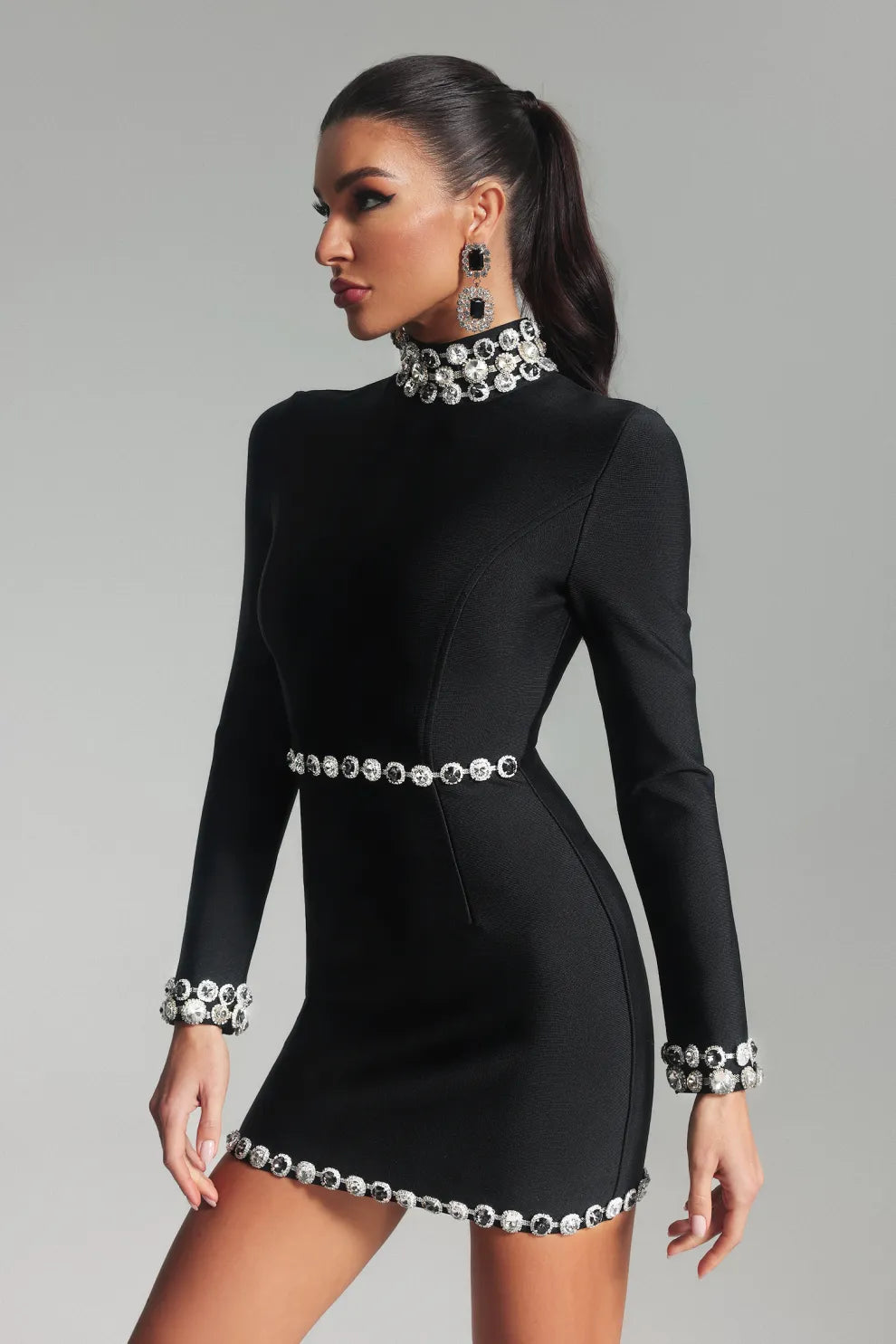 Black High collar long sleeve embellished Diamonate Bandage date mini Dress | Mix Mix Style