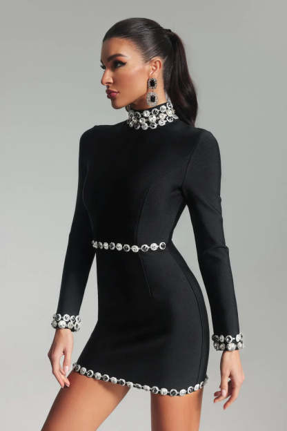 Black High collar long sleeve embellished Diamonate Bandage date mini Dress | Mix Mix Style