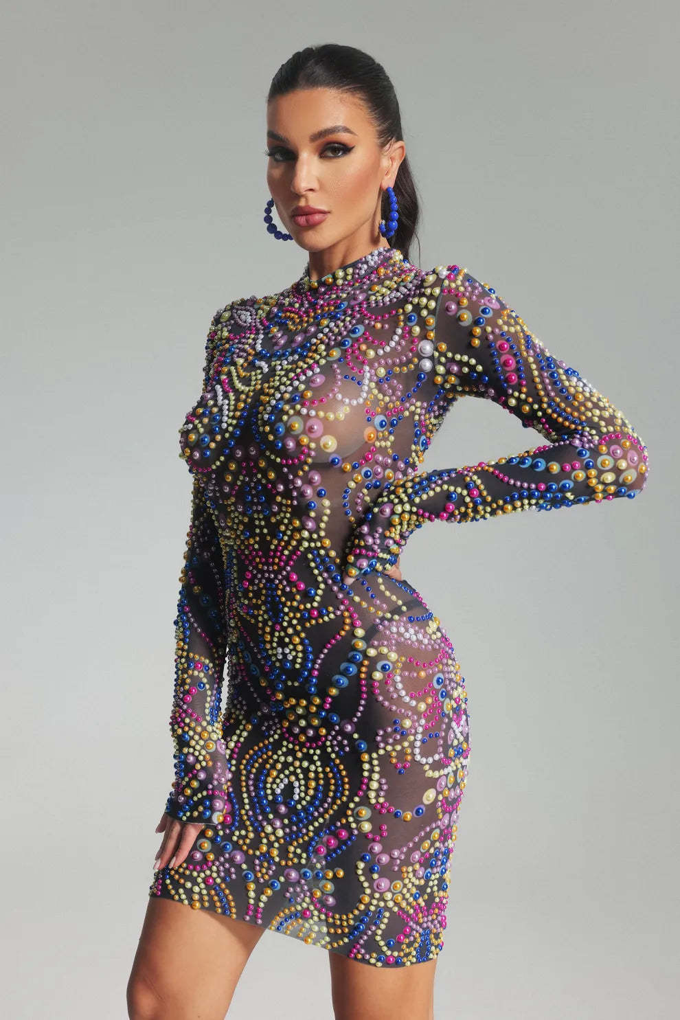 Multicolor long sleeve stand collar Pearl Mesh cocktail party Mini Dress | Mix Mix Style
