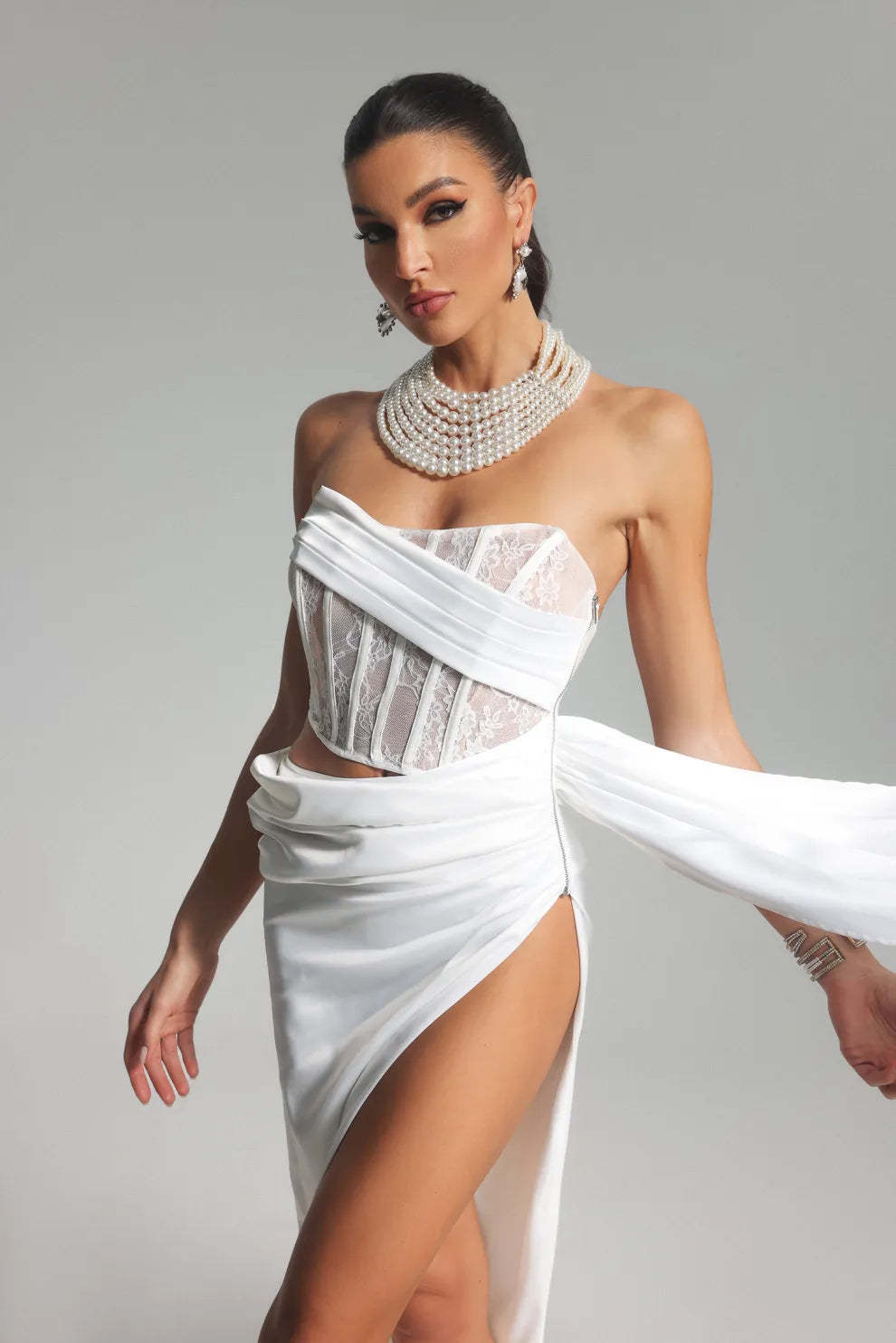 White Strapless  Backless Ireegular Split Corset Satin Summer Maxi Dress | Mix Mix Style