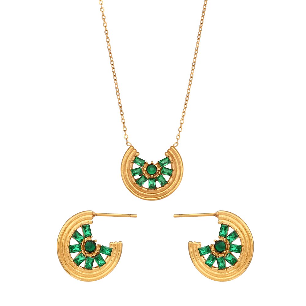 Green Moissanite Lemon Shape Pendant Necklace and Stud Earrings 18k Gold Plated Set | Mix Mix Style [Hot Seller]-Mix MIx Style
