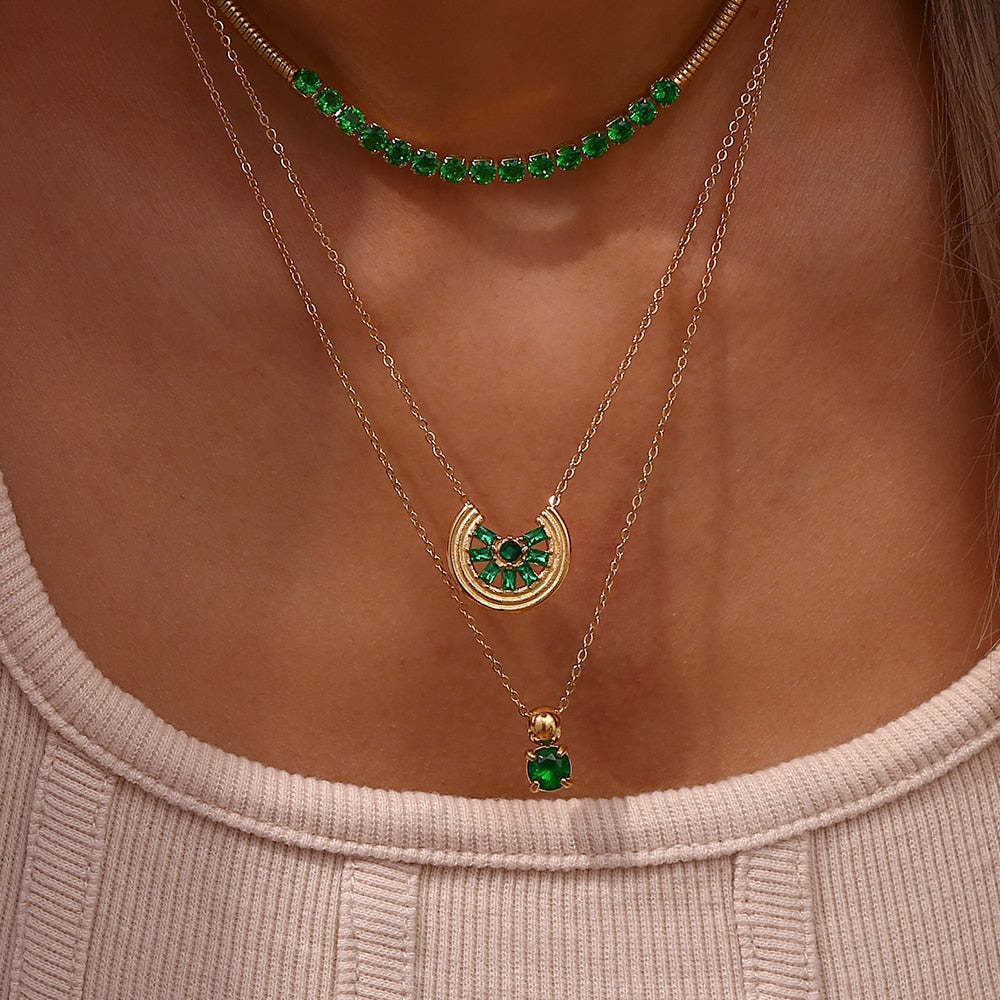 Green Moissanite Lemon Shape Pendant Necklace and Stud Earrings 18k Gold Plated Set | Mix Mix Style [Hot Seller]-Mix MIx Style