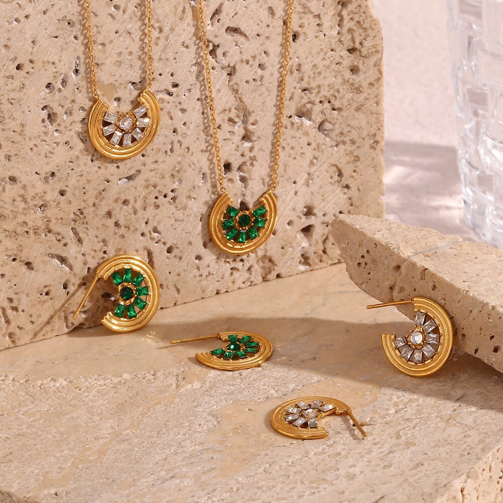 Green Moissanite Lemon Shape Pendant Necklace and Stud Earrings 18k Gold Plated Set | Mix Mix Style [Hot Seller]-Mix MIx Style