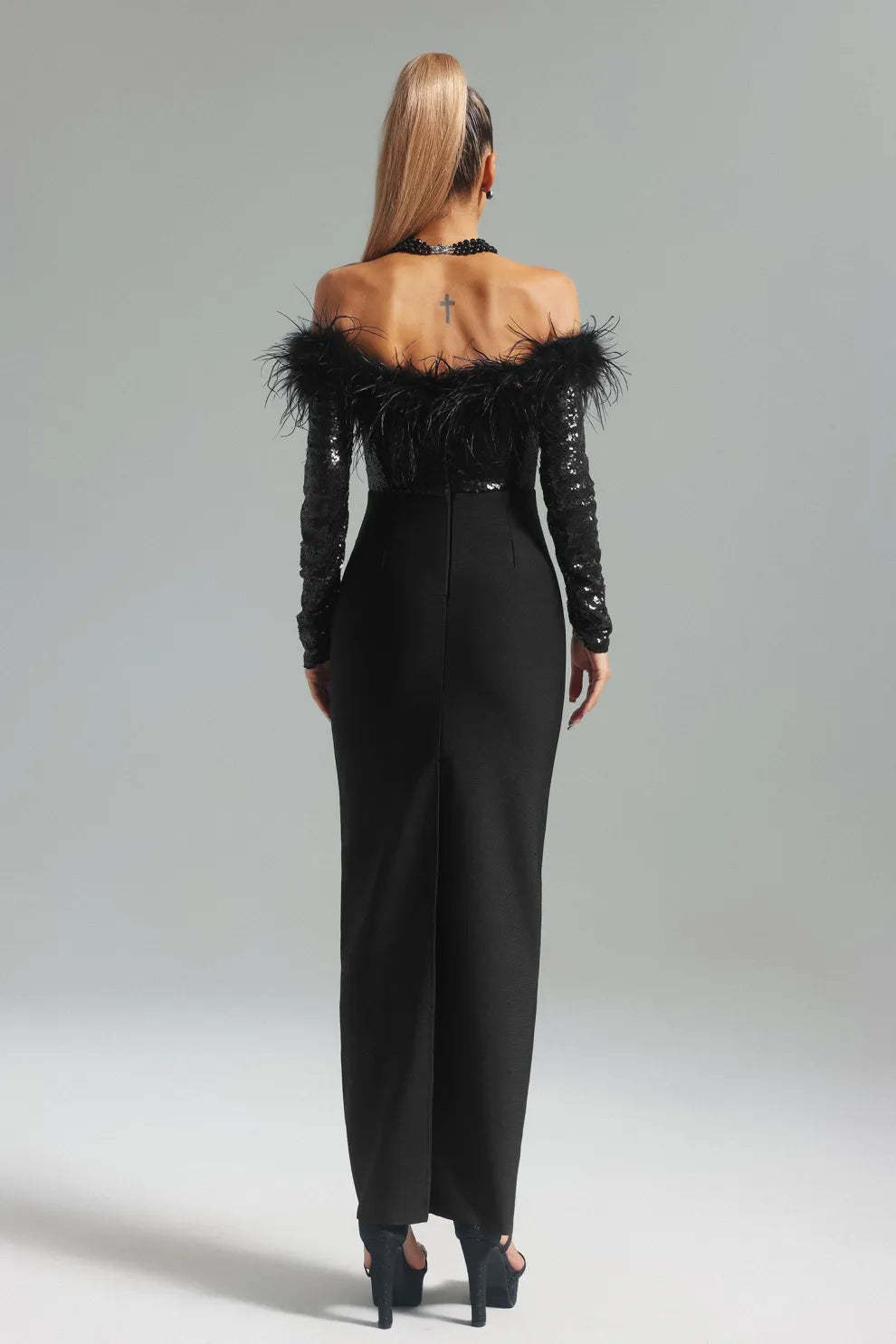 black off shoulder long sleeve Feather Bandage date party Maxi Dress | Mix Mix Style