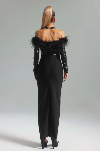black off shoulder long sleeve Feather Bandage date party Maxi Dress | Mix Mix Style