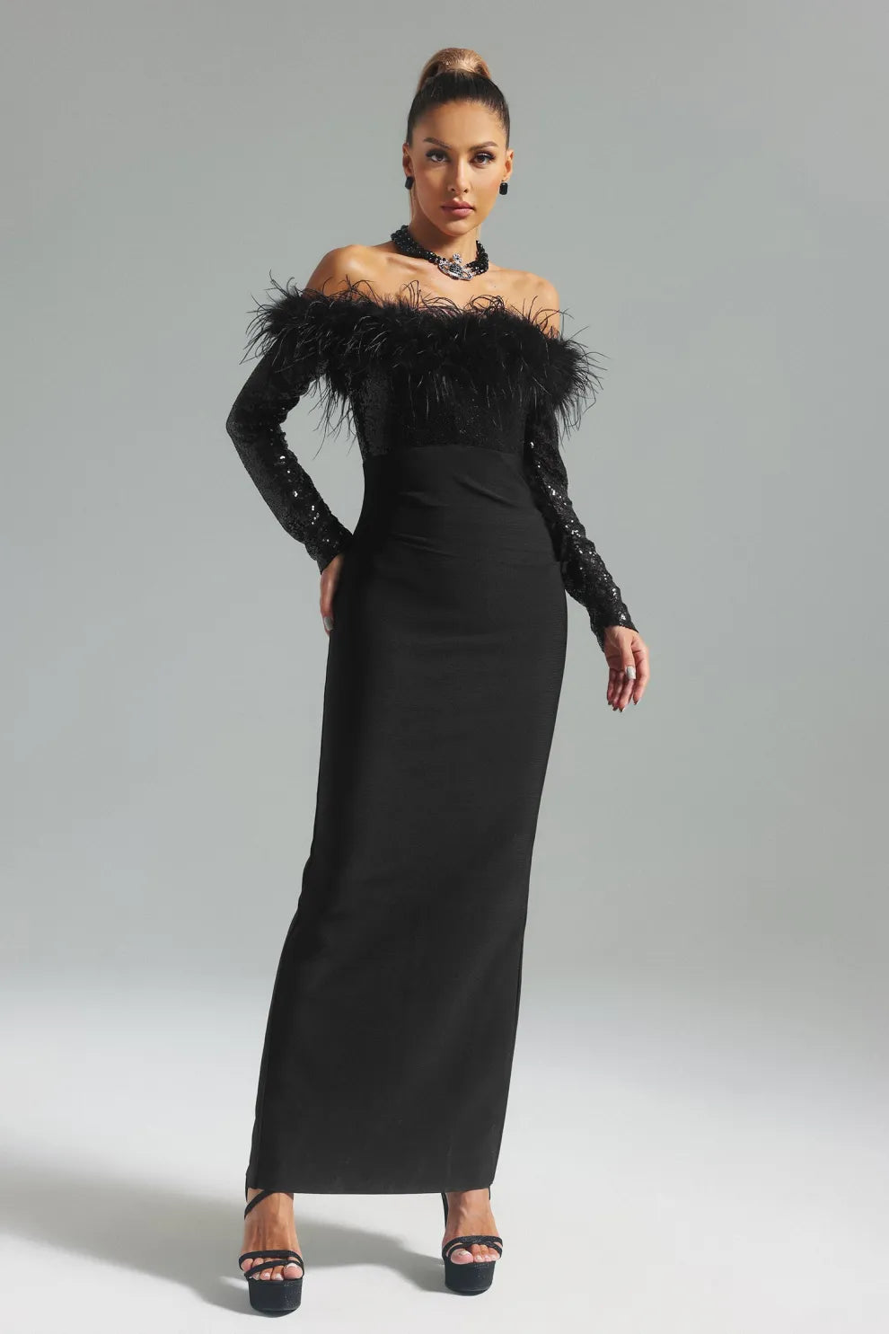 black off shoulder long sleeve Feather Bandage date party Maxi Dress | Mix Mix Style