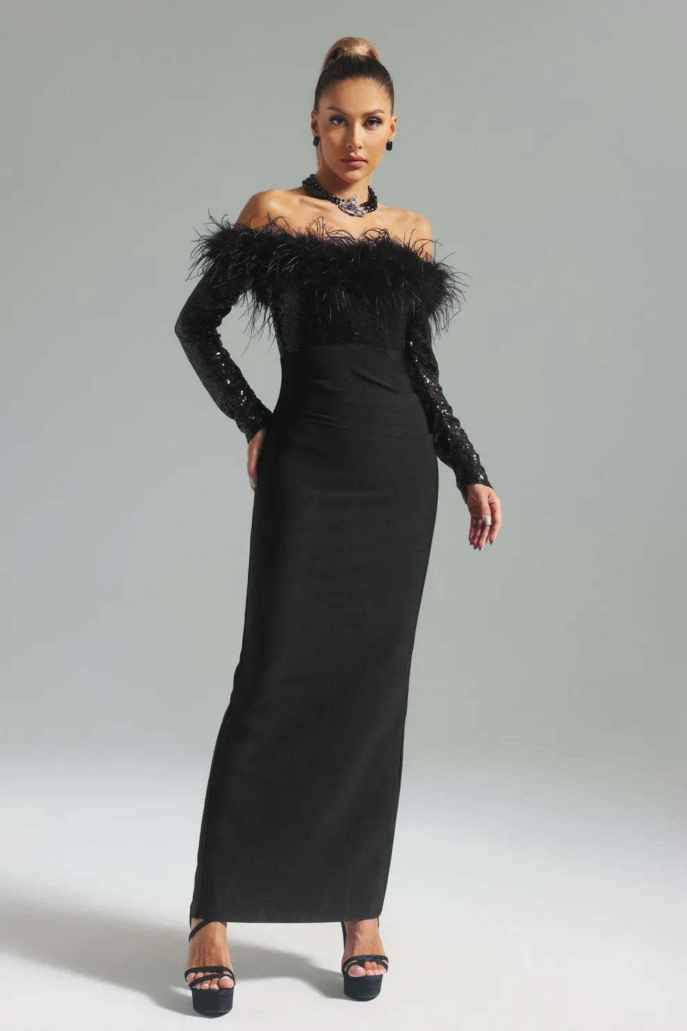 black off shoulder long sleeve Feather Bandage date party Maxi Dress | Mix Mix Style-Mix MIx Style