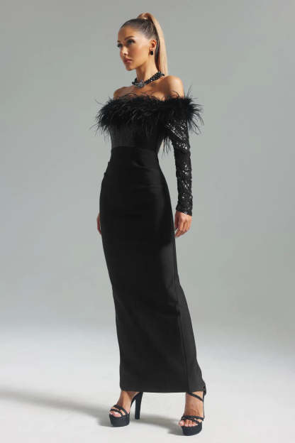 black off shoulder long sleeve Feather Bandage date party Maxi Dress | Mix Mix Style