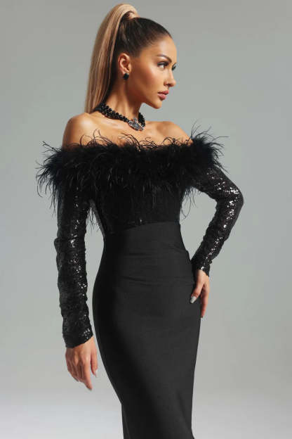 black off shoulder long sleeve Feather Bandage date party Maxi Dress | Mix Mix Style