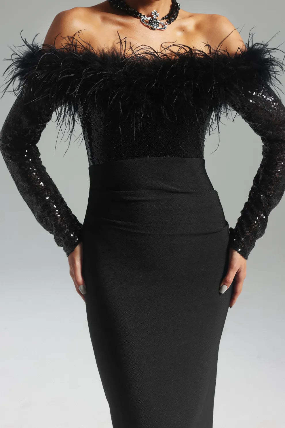 black off shoulder long sleeve Feather Bandage date party Maxi Dress | Mix Mix Style
