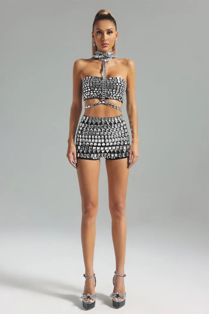 Silver Collar Diamonate-Embellished Cutout Top & Shorts Party Cocktail Set | Mix Mix Style