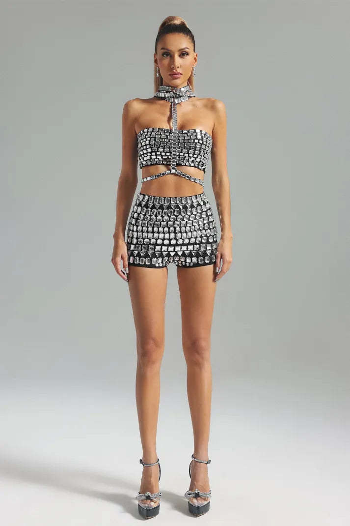 Silver Collar Diamonate-Embellished Cutout Top & Shorts Party Cocktail Set | Mix Mix Style-Mix MIx Style