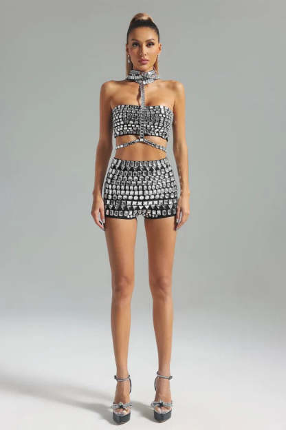 Silver Collar Diamonate-Embellished Cutout Top & Shorts Party Cocktail Set | Mix Mix Style