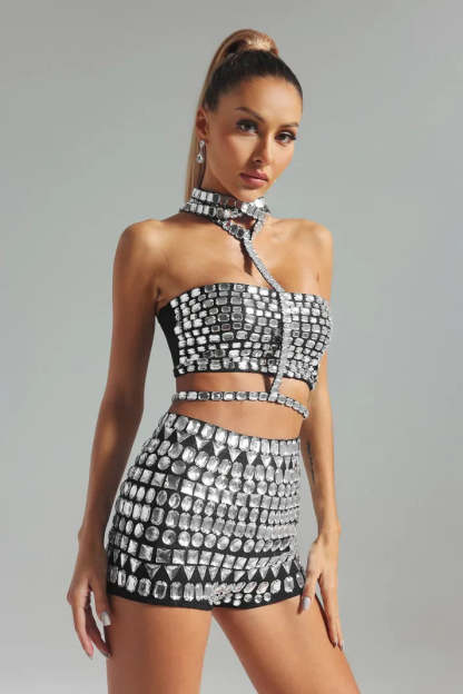 Silver Collar Diamonate-Embellished Cutout Top & Shorts Party Cocktail Set | Mix Mix Style