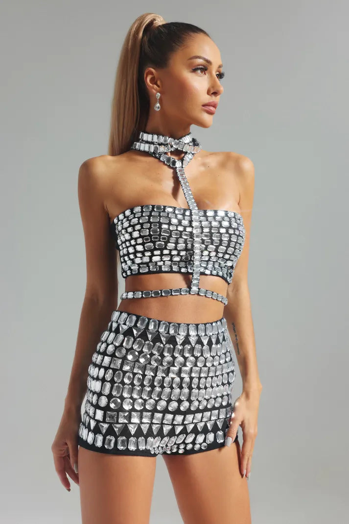 Silver Collar Diamonate-Embellished Cutout Top & Shorts Party Cocktail Set | Mix Mix Style
