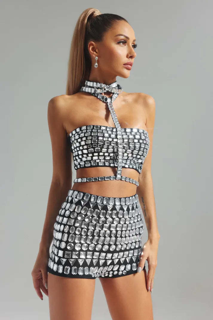Silver Collar Diamonate-Embellished Cutout Top & Shorts Party Cocktail Set | Mix Mix Style