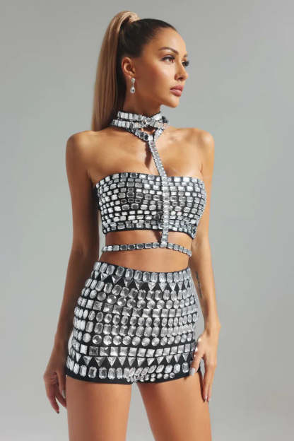 Silver Collar Diamonate-Embellished Cutout Top & Shorts Party Cocktail Set | Mix Mix Style