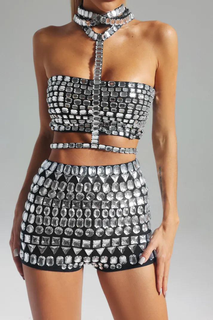 Silver Collar Diamonate-Embellished Cutout Top & Shorts Party Cocktail Set | Mix Mix Style
